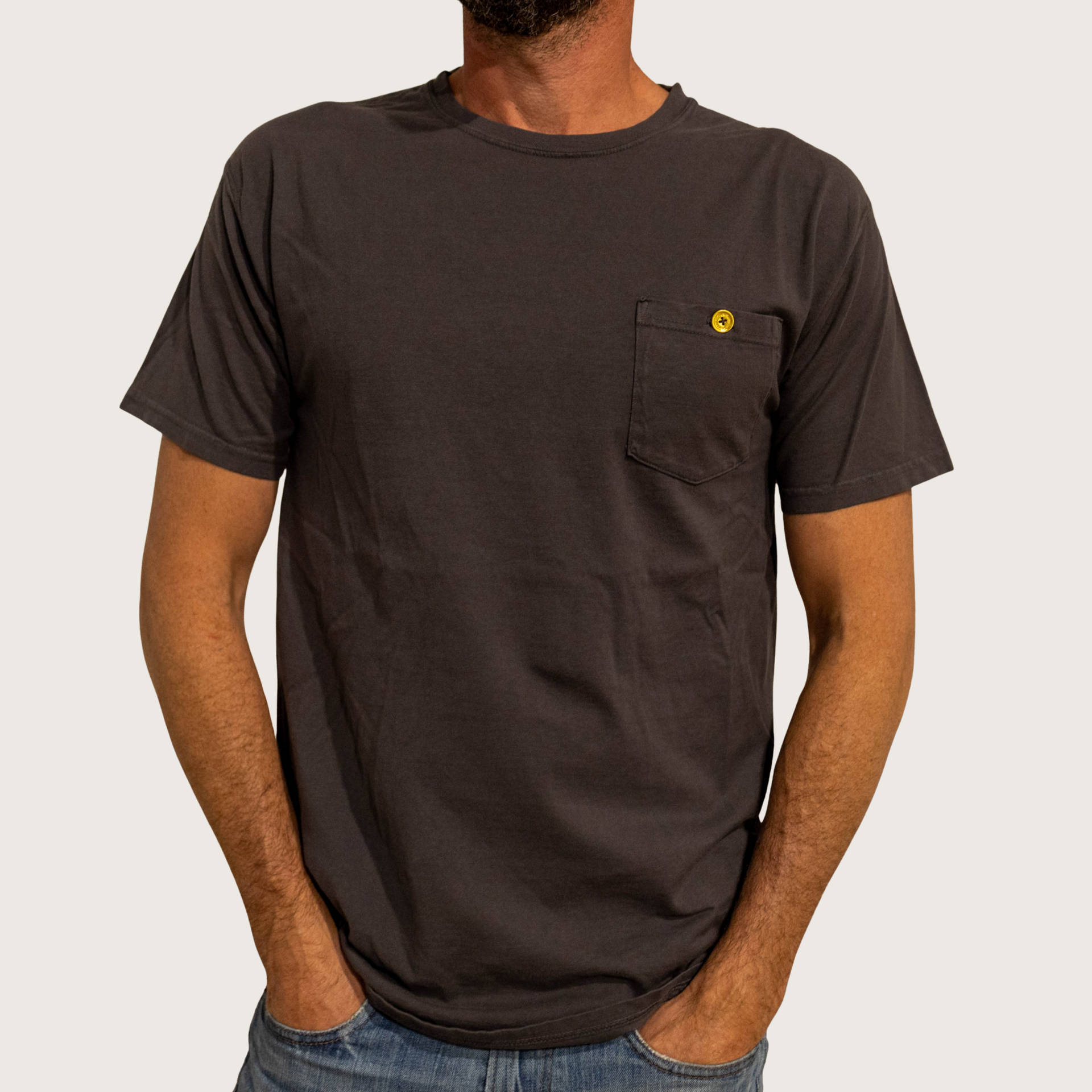 Boston Button Factory Pocket T-Shirt - Gray with Gold Button