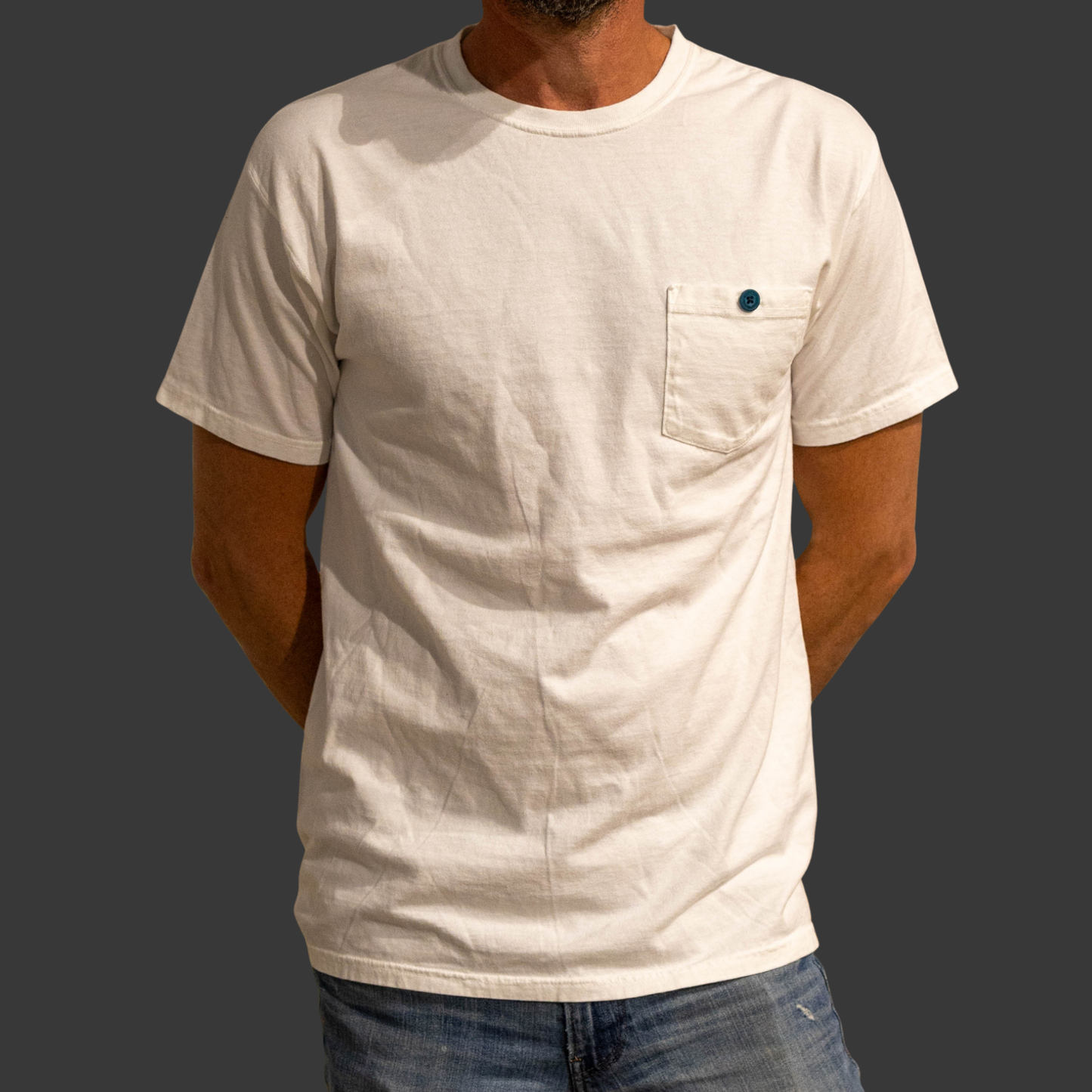 Boston Button Factory Pocket T-Shirt - White with Blue Horn Button